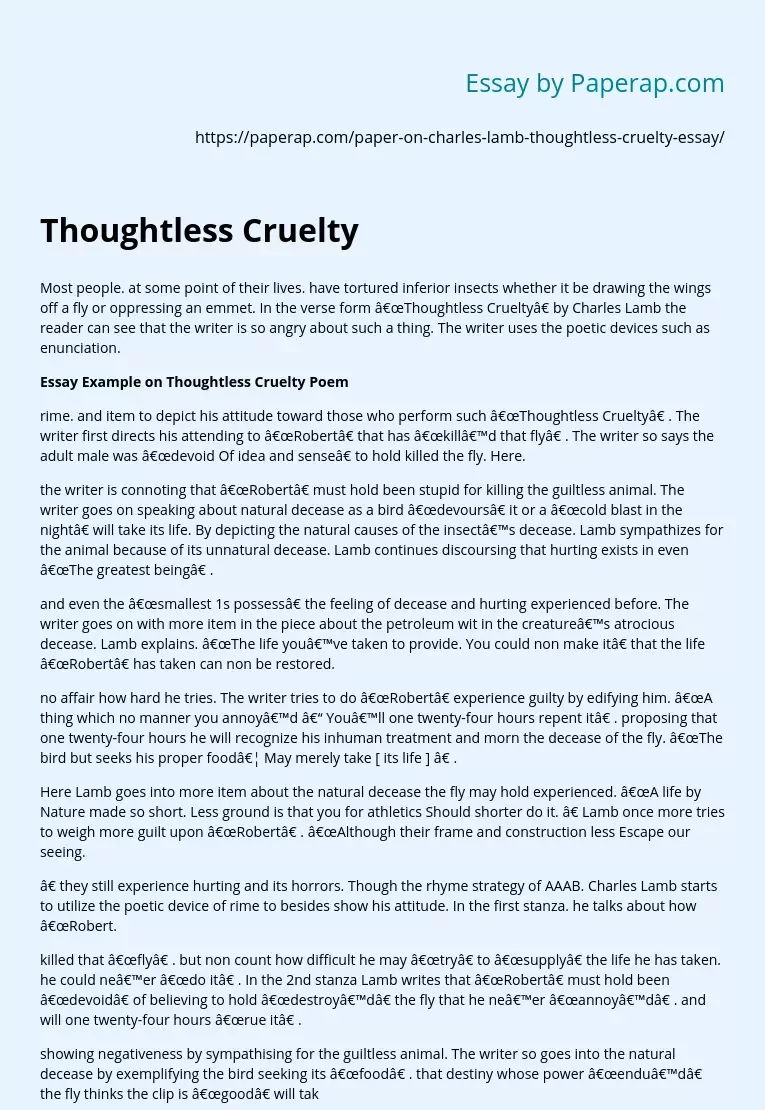 Thoughtless Cruelty by Charles Lamb Analysis Summary Essay Example