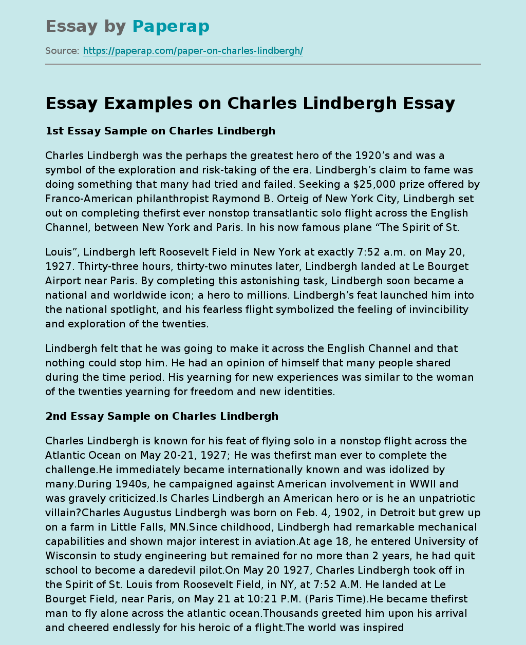 Essay Examples on Charles Lindbergh