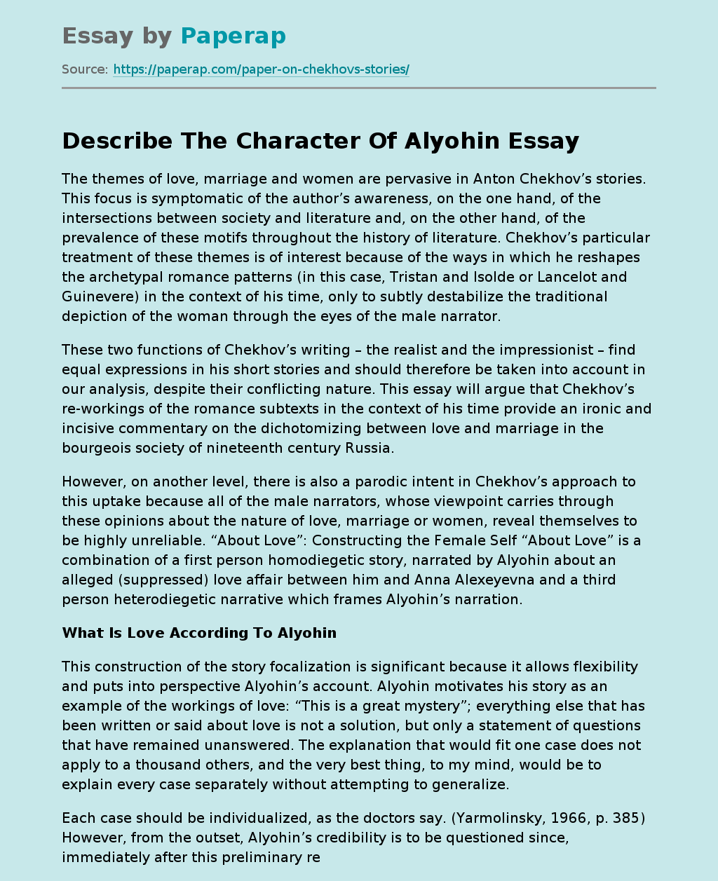 Describe The Character Of Alyohin
