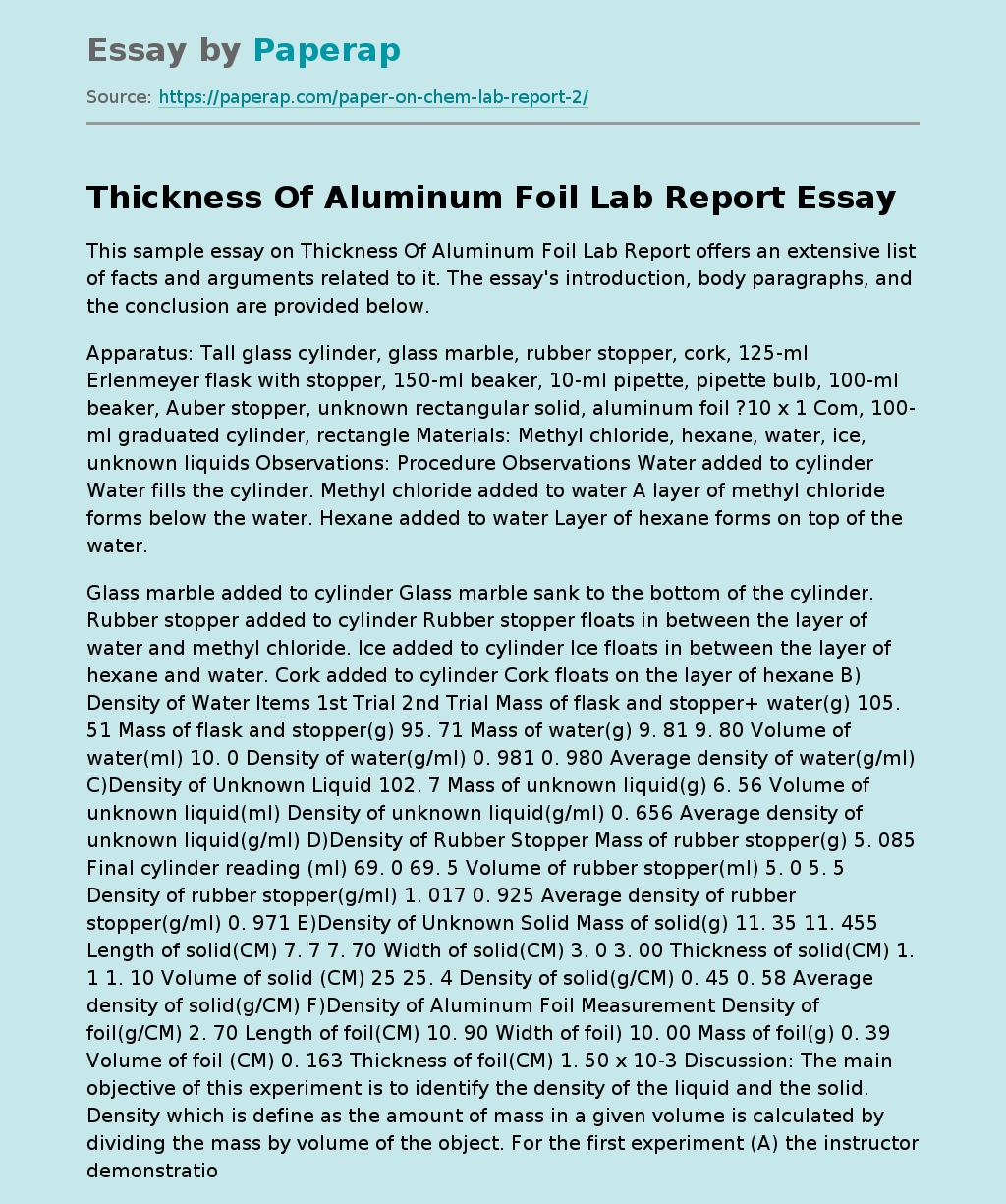 Thickness Of Aluminum Foil Lab Report