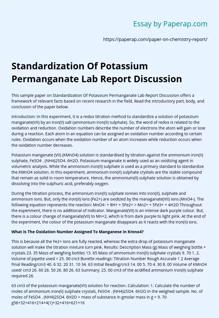 Standardization Of Potassium Permanganate Lab Report Discussion