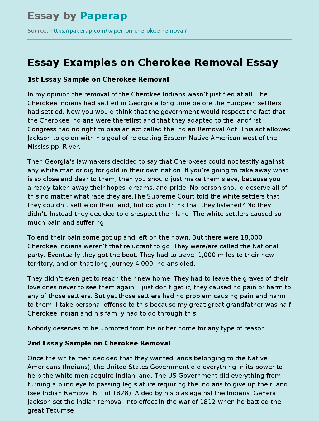 Essay Examples on Cherokee Removal