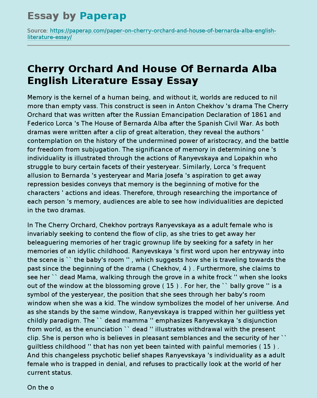 Cherry Orchard And House Of Bernarda Alba English Literature Essay