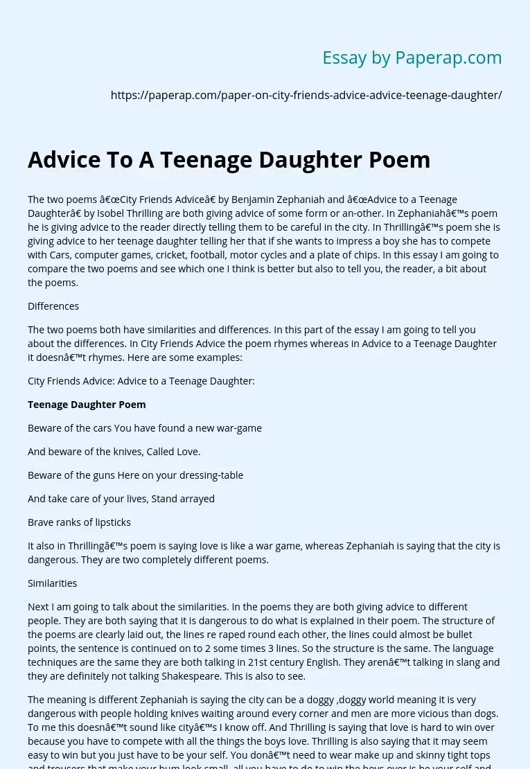 Advice To A Teenage Daughter Poem