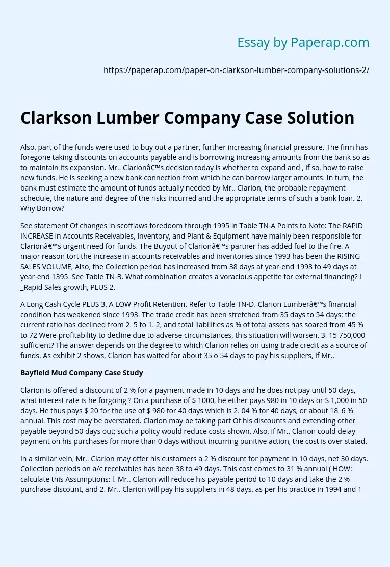 Clarkson Lumber Company Case Solution