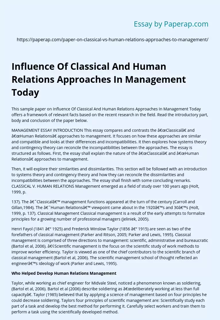 Influence Of Classical And Human Relations Approaches In Management Today