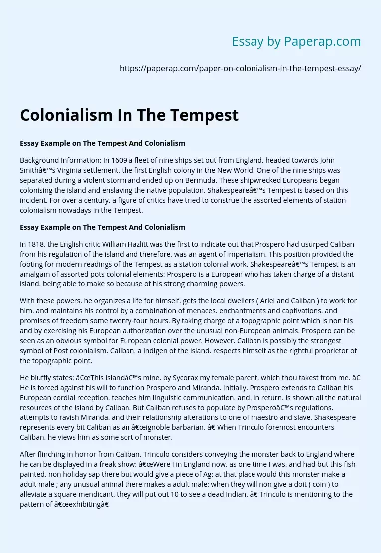 Essay Example on The Tempest And Colonialis
