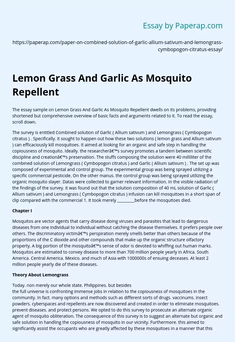 Lemon Grass And Garlic As Mosquito Repellent