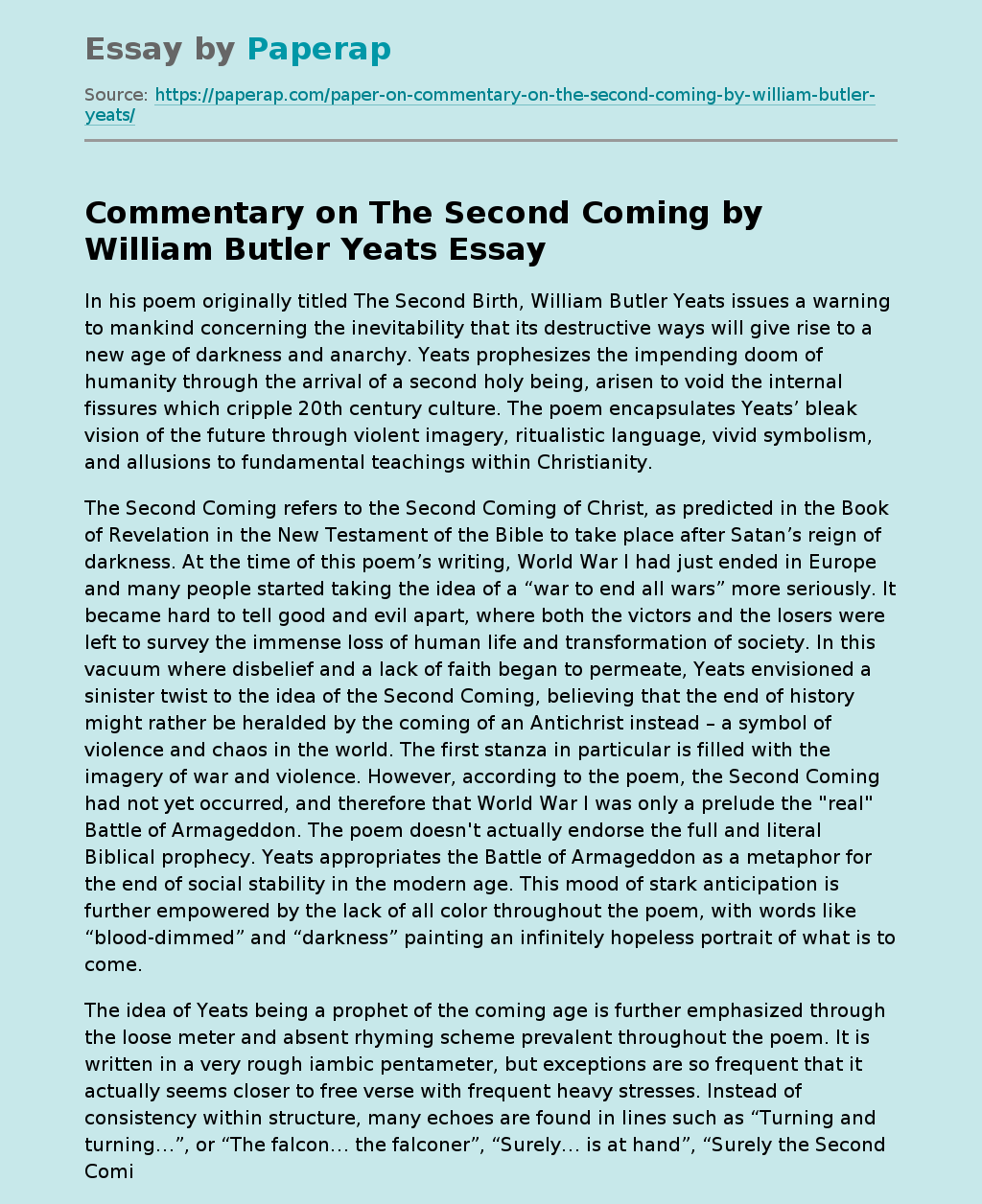 Commentary on The Second Coming by William Butler Yeats