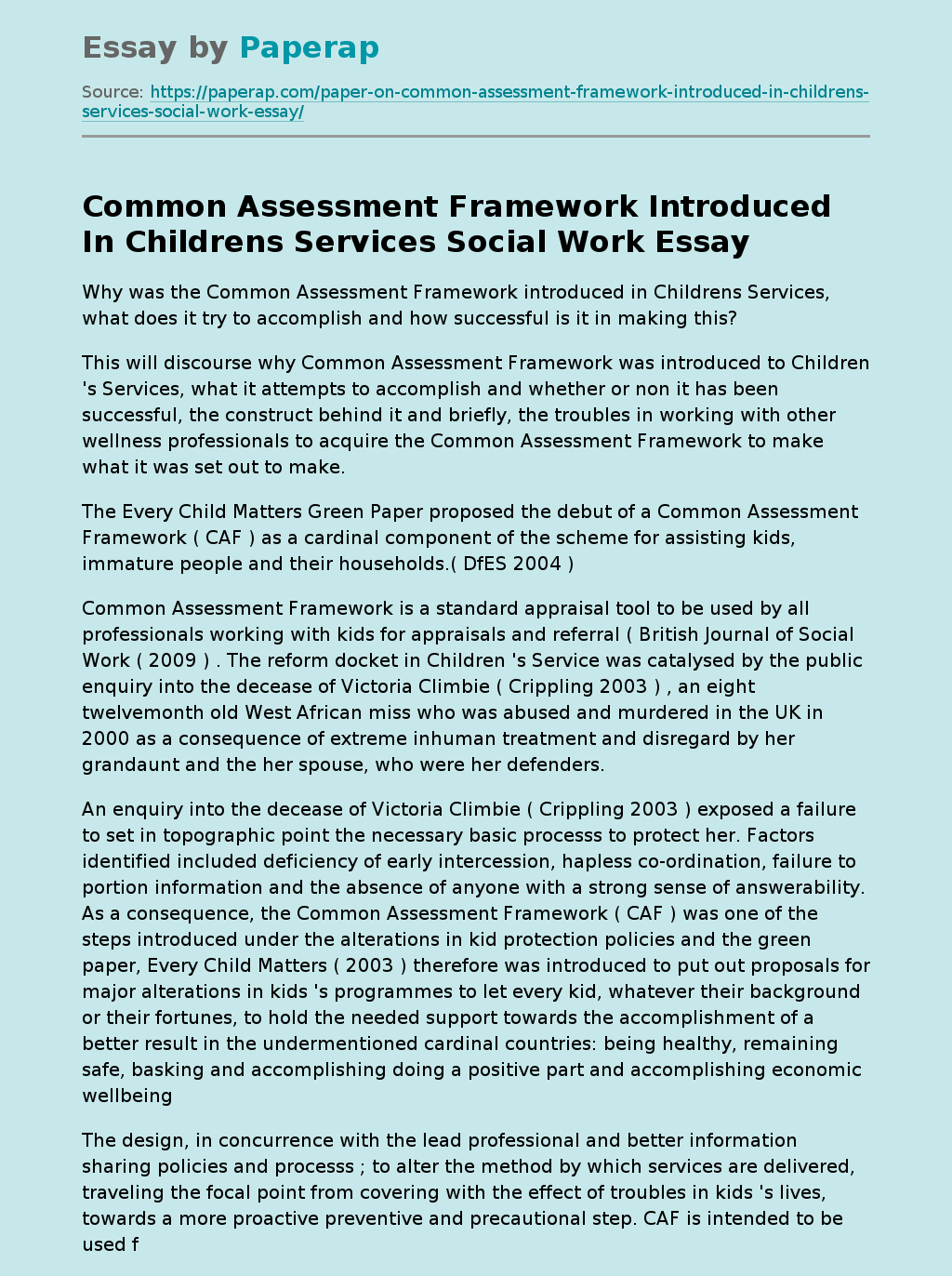 Common Assessment Framework Introduced In Childrens Services Social Work
