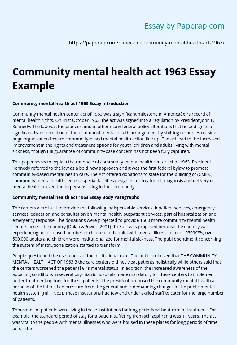 Community mental health act 1963 Essay Example