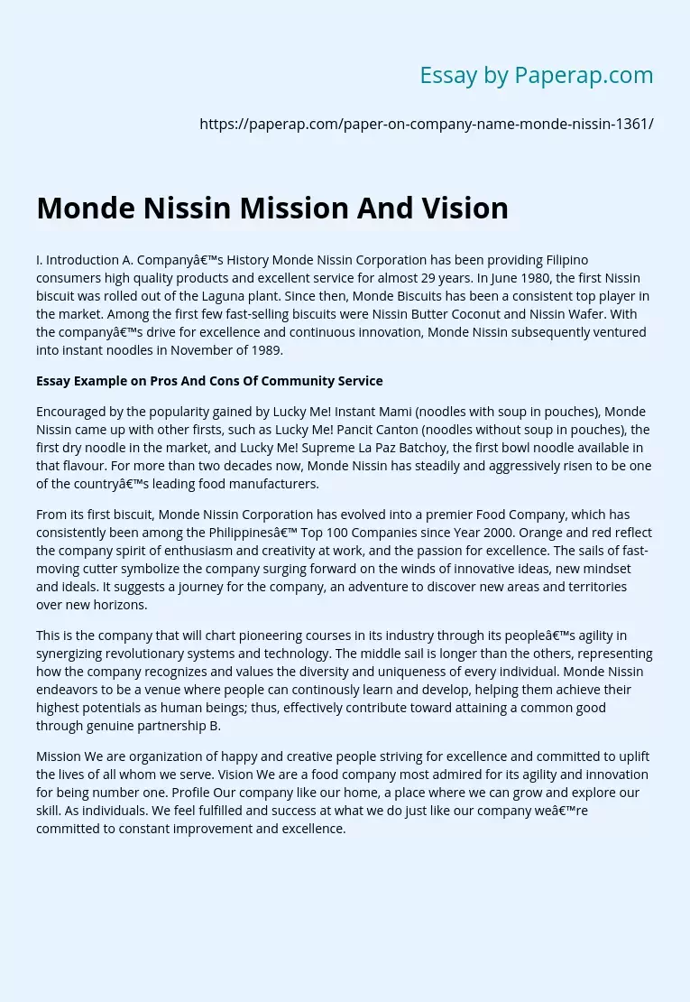 Monde Nissin Mission And Vision
