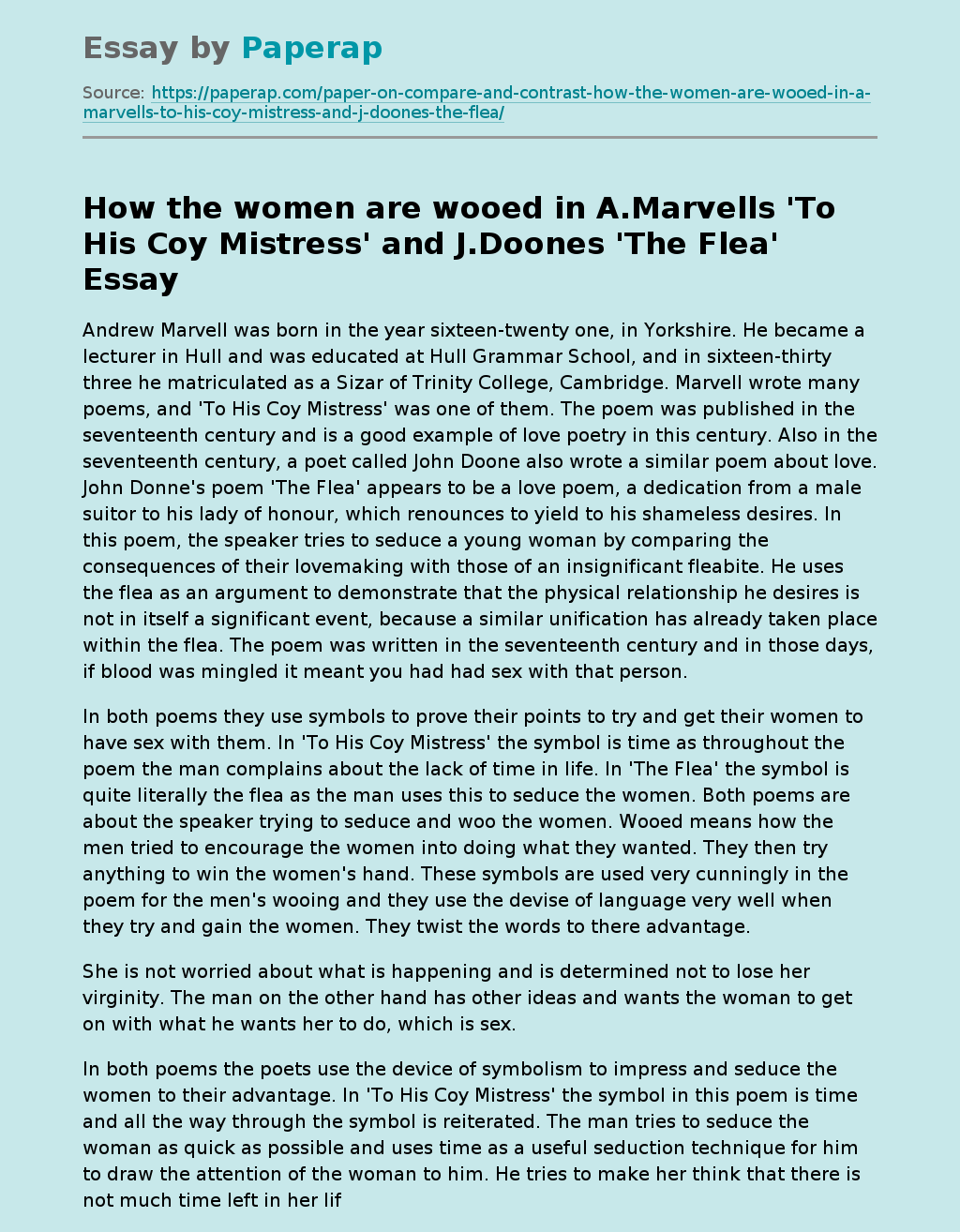 How the women are wooed in A.Marvells 'To His Coy Mistress' and J.Doones 'The Flea'