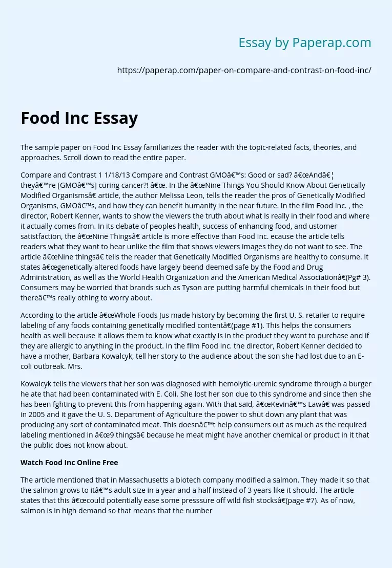 Overview of Food Inc Essay
