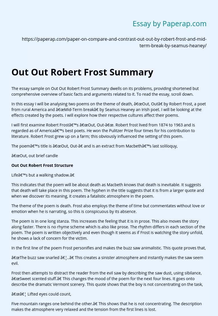 Two Death Poems: “Out, Out” by Robert Frost and “Mid-Term Break” by Seamus Heaney