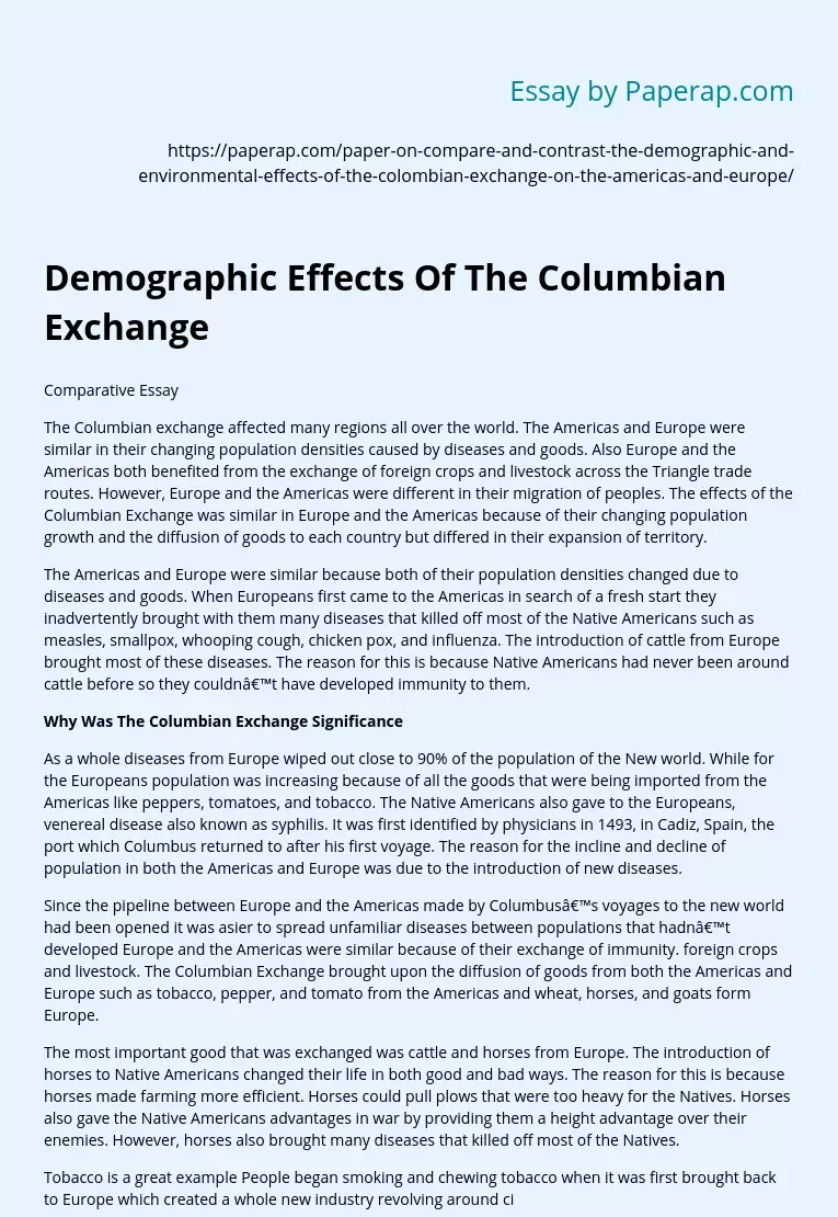 Demographic Effects Of The Columbian Exchange