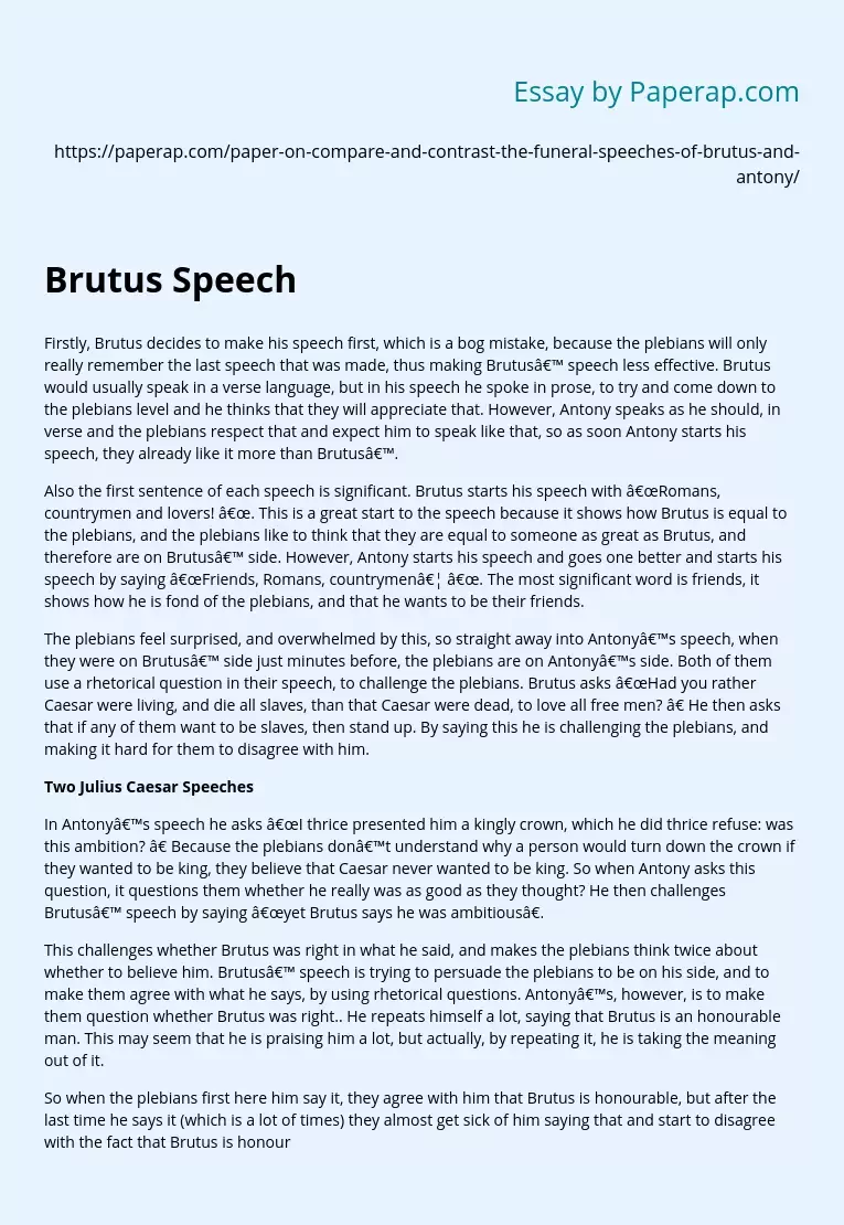 Compare and Contast of Brutus and Antony's Speech