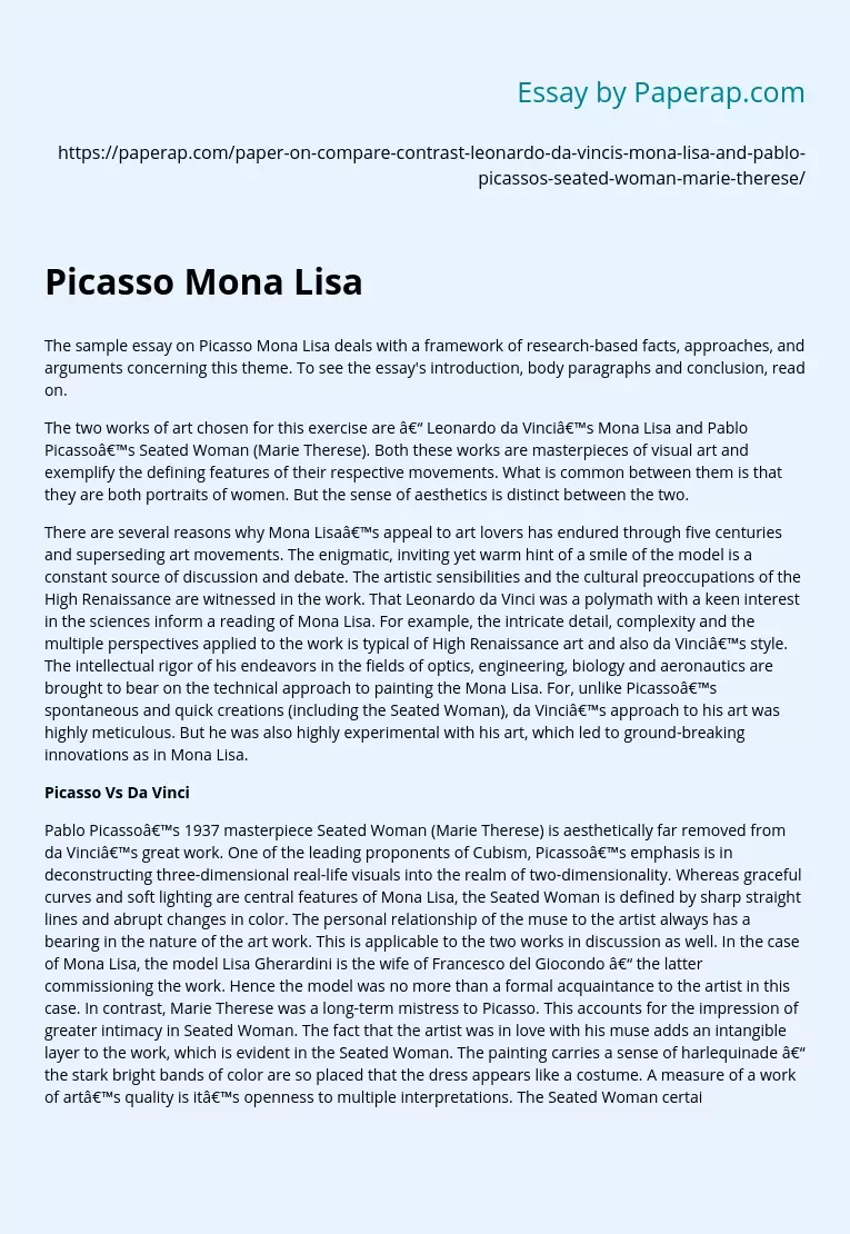 Picasso Seated Woman and Mona Lisa Comparison