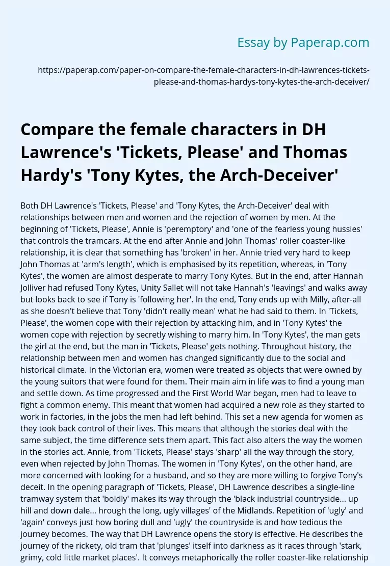 Female Characters in Lawrence and Hardy's Stories