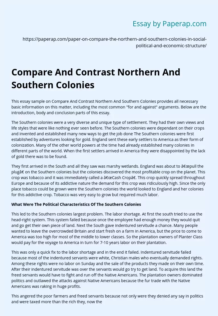 Compare And Contrast Northern And Southern Colonies