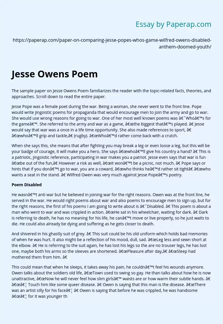 Sample Paper on Jesse Owens Poem