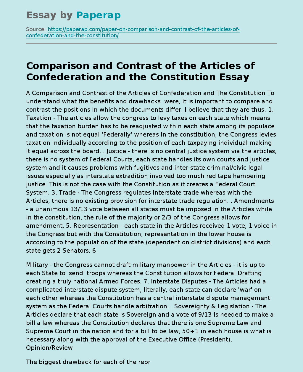 Comparison and Contrast of the Articles of Confederation and the Constitution