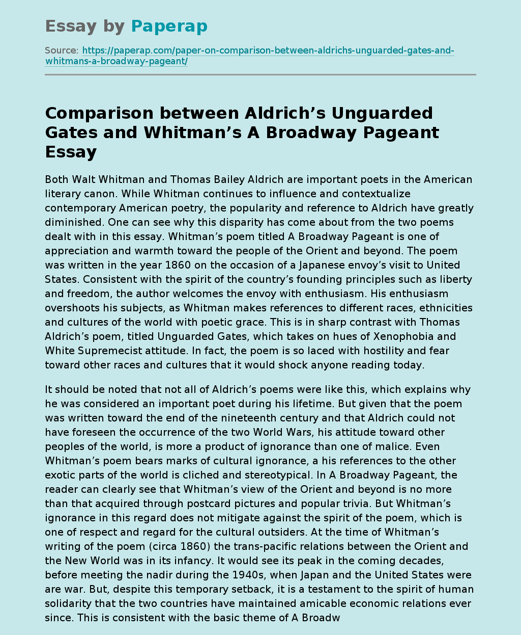 Comparison between Aldrich&#8217;s Unguarded Gates and Whitman&#8217;s A Broadway Pageant