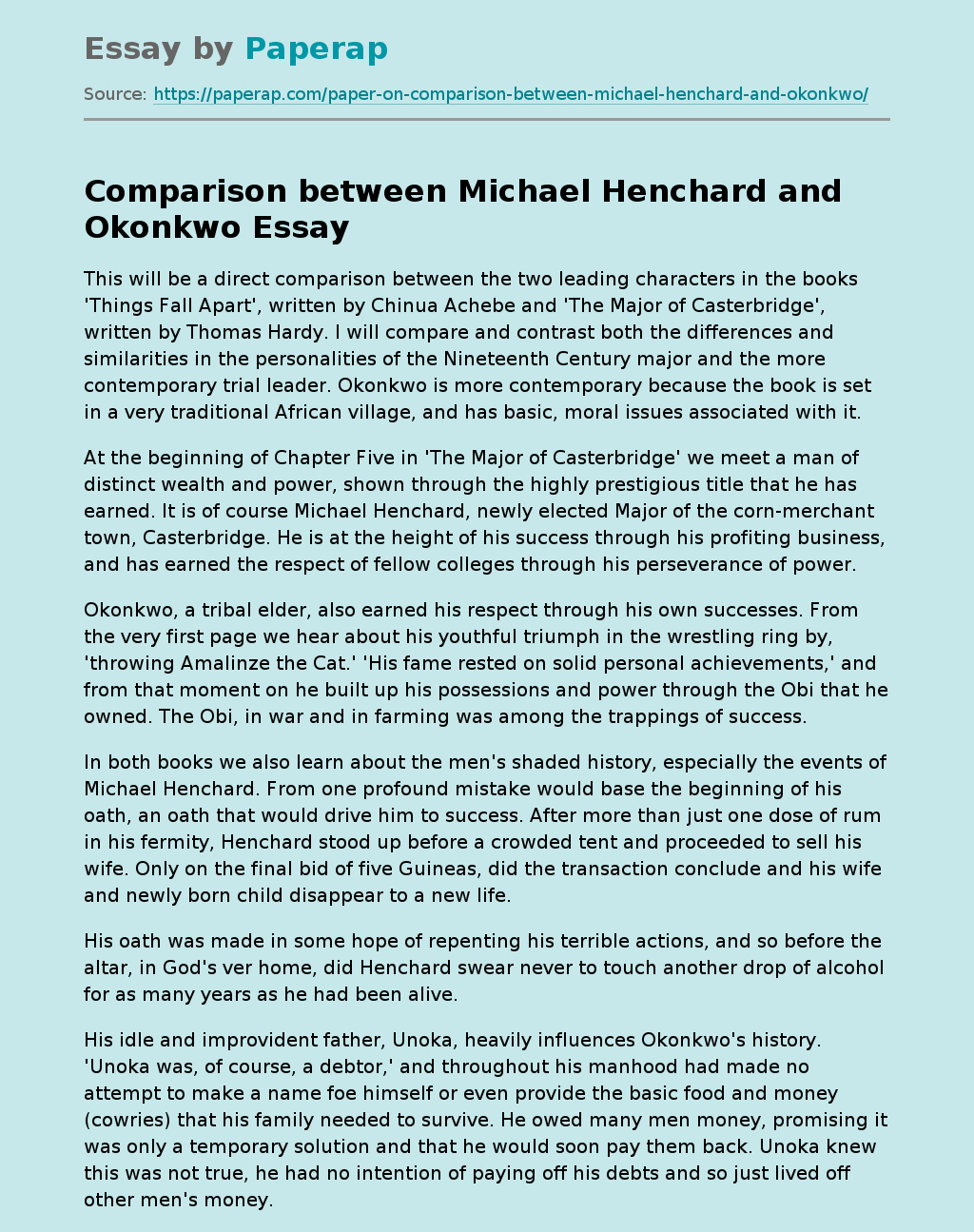 Comparison between Michael Henchard and Okonkwo