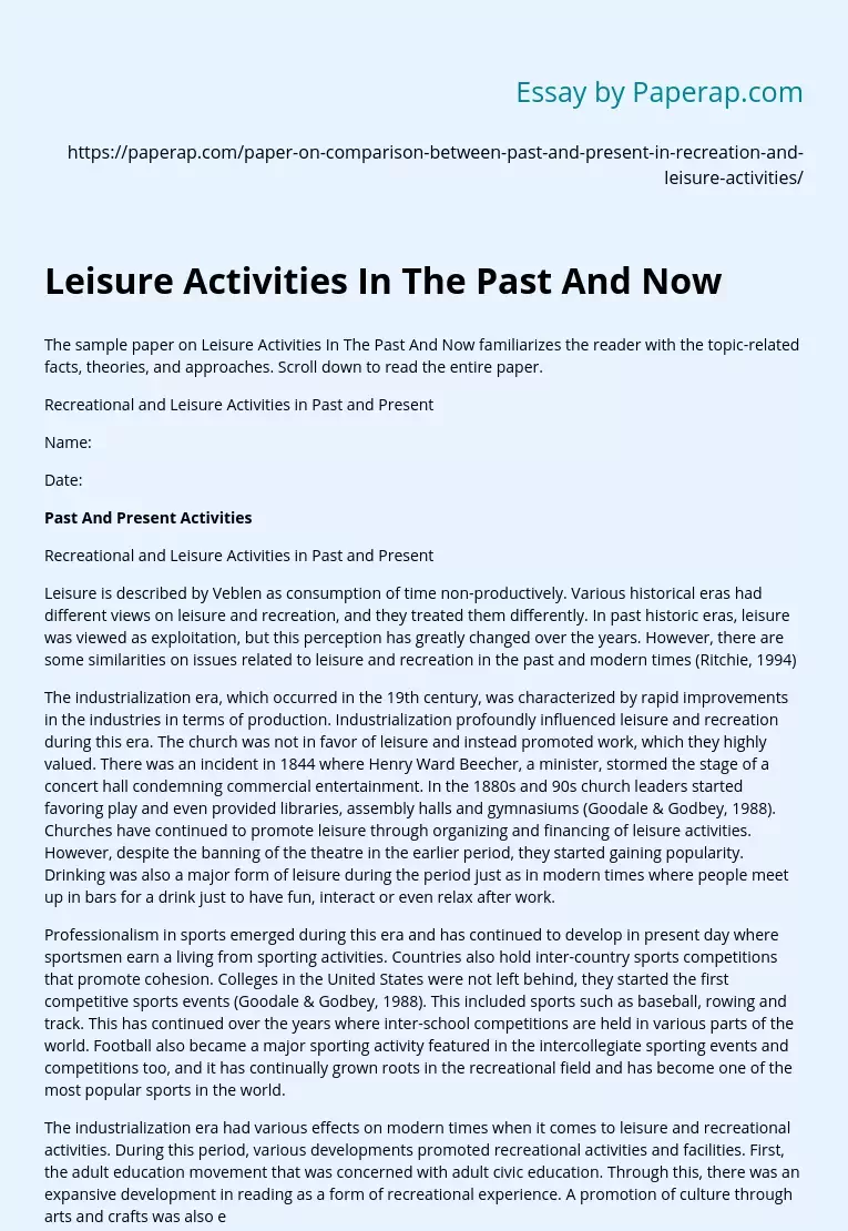 Leisure Activities In The Past And Now