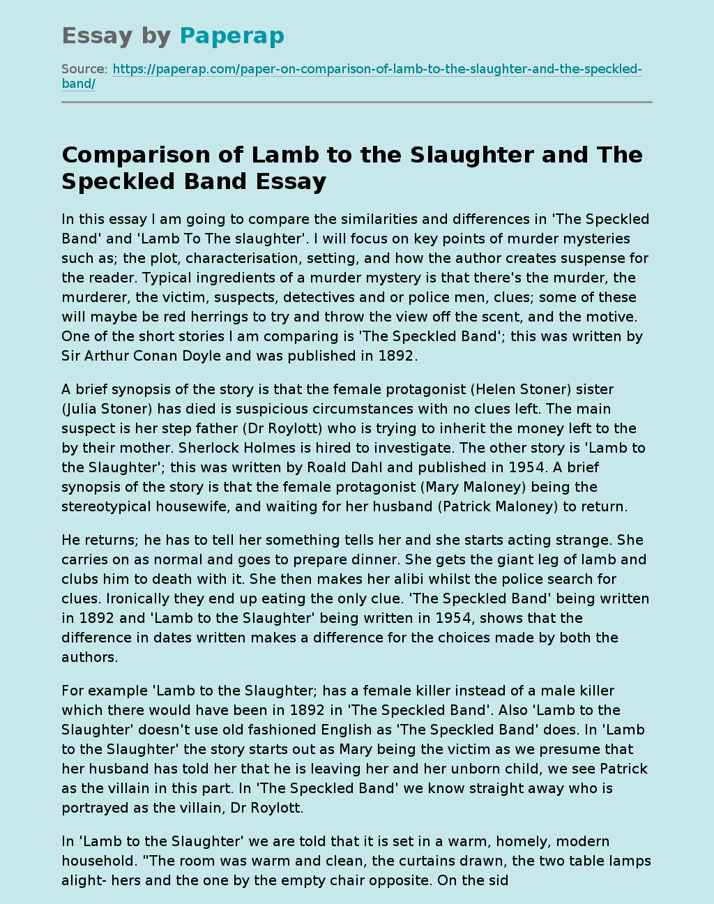 Comparison of Lamb to the Slaughter and The Speckled Band