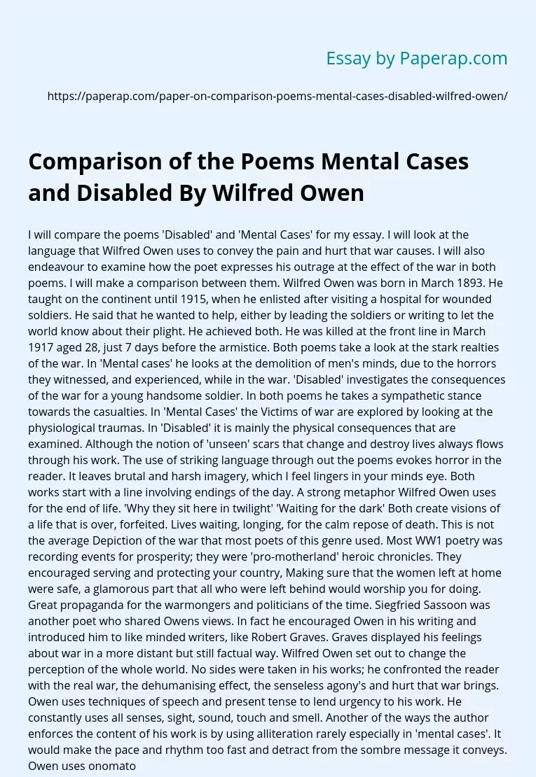 Comparison of the Poems Mental Cases and Disabled By Wilfred Owen