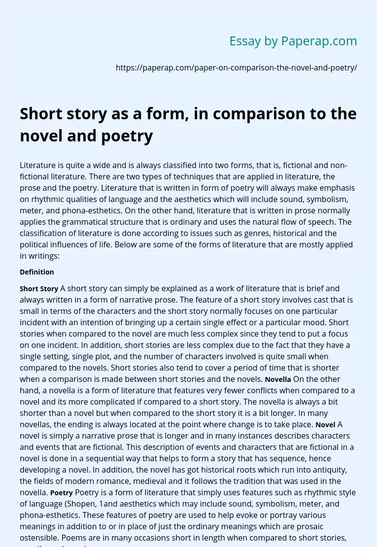 Short story as a form, in comparison to the novel and poetry