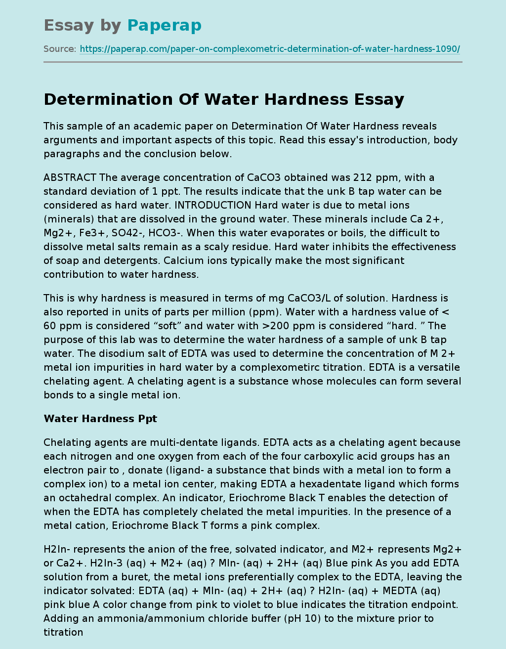 Determination Of Water Hardness