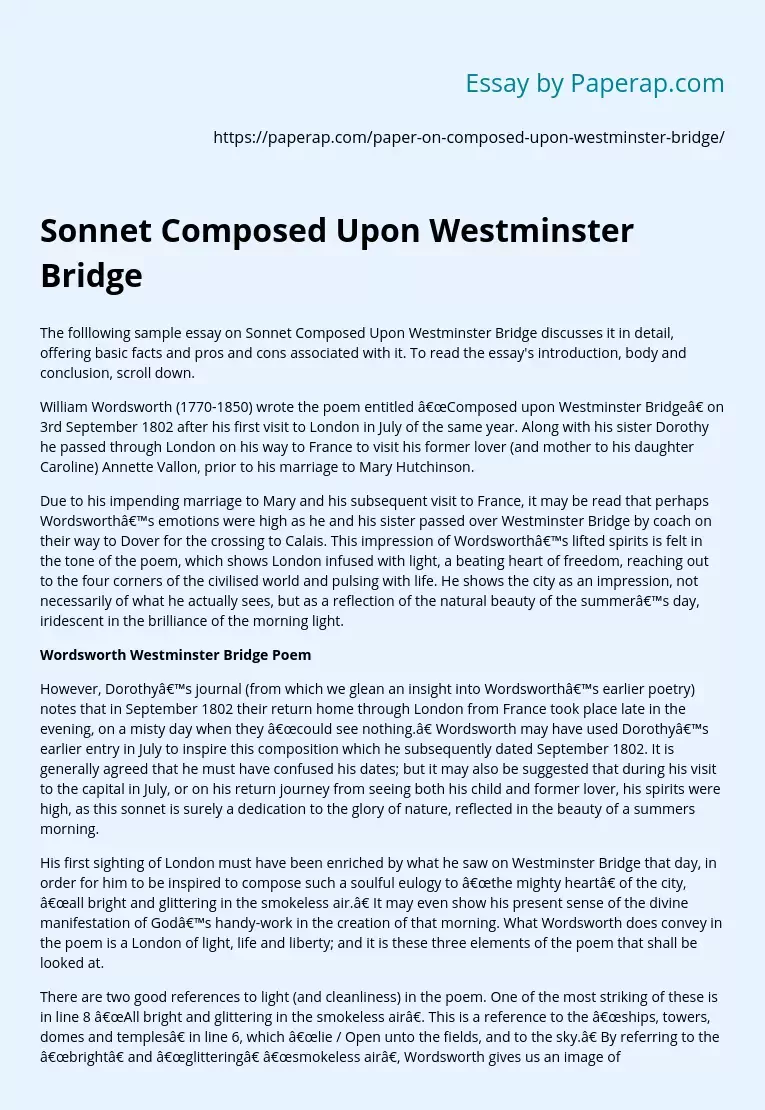 Sonnet Composed Upon Westminster Bridge