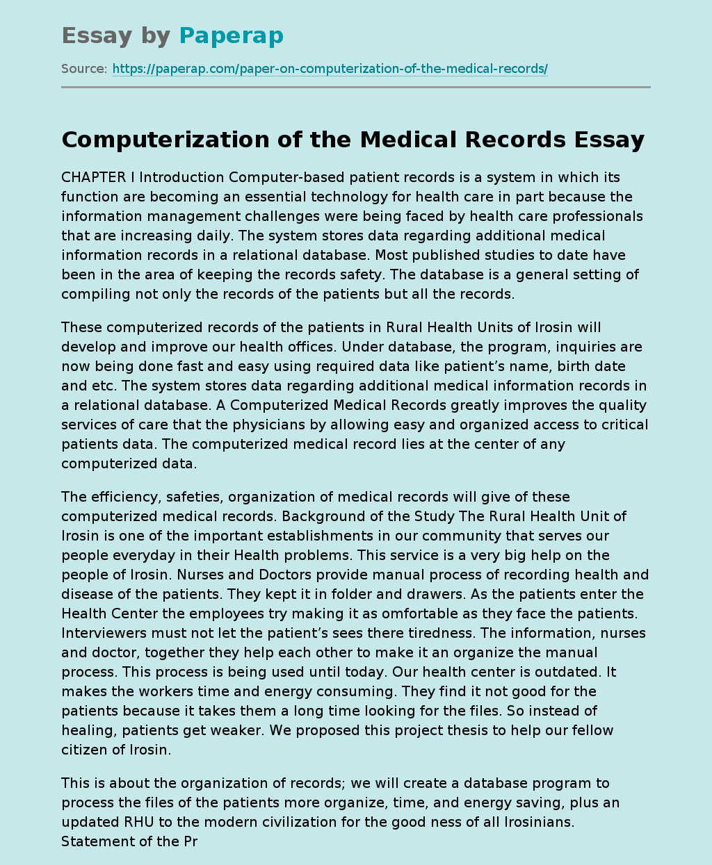 Computerization of the Medical Records