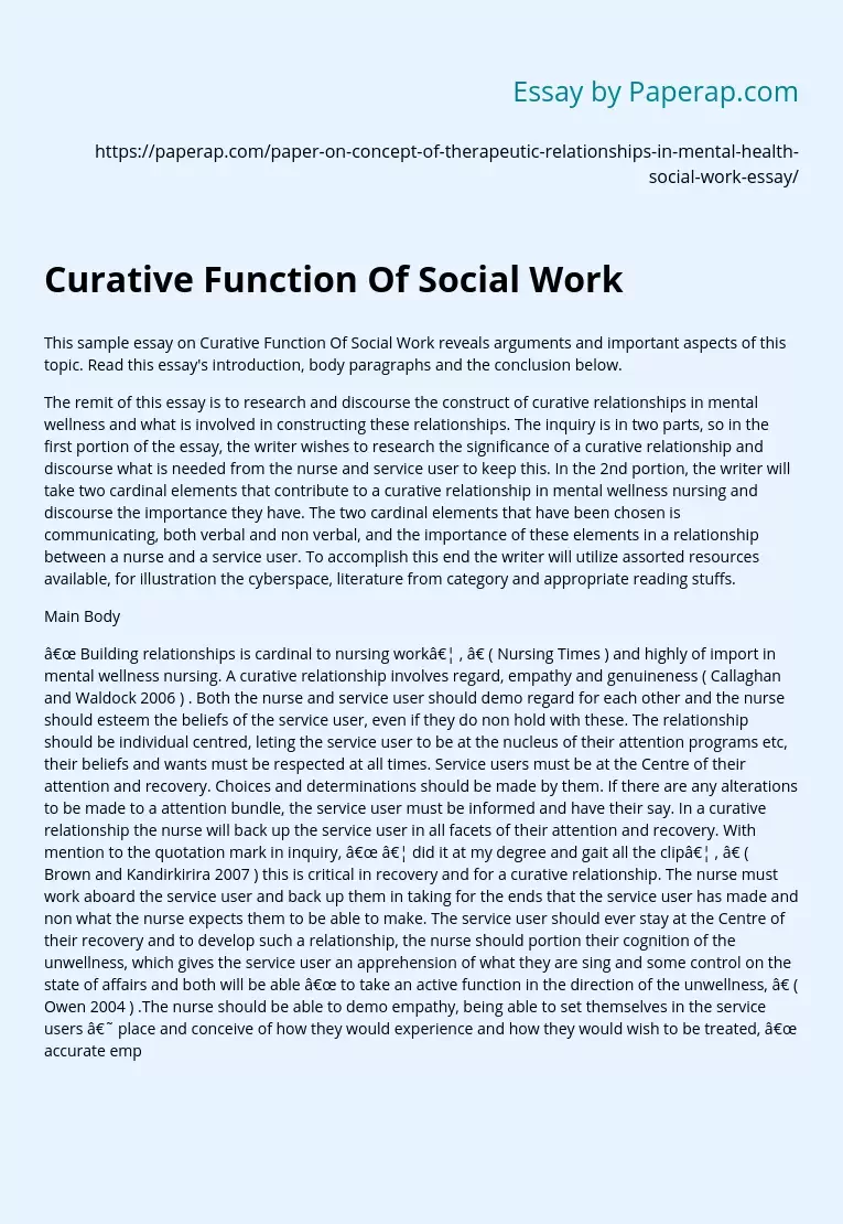 Curative Function Of Social Work