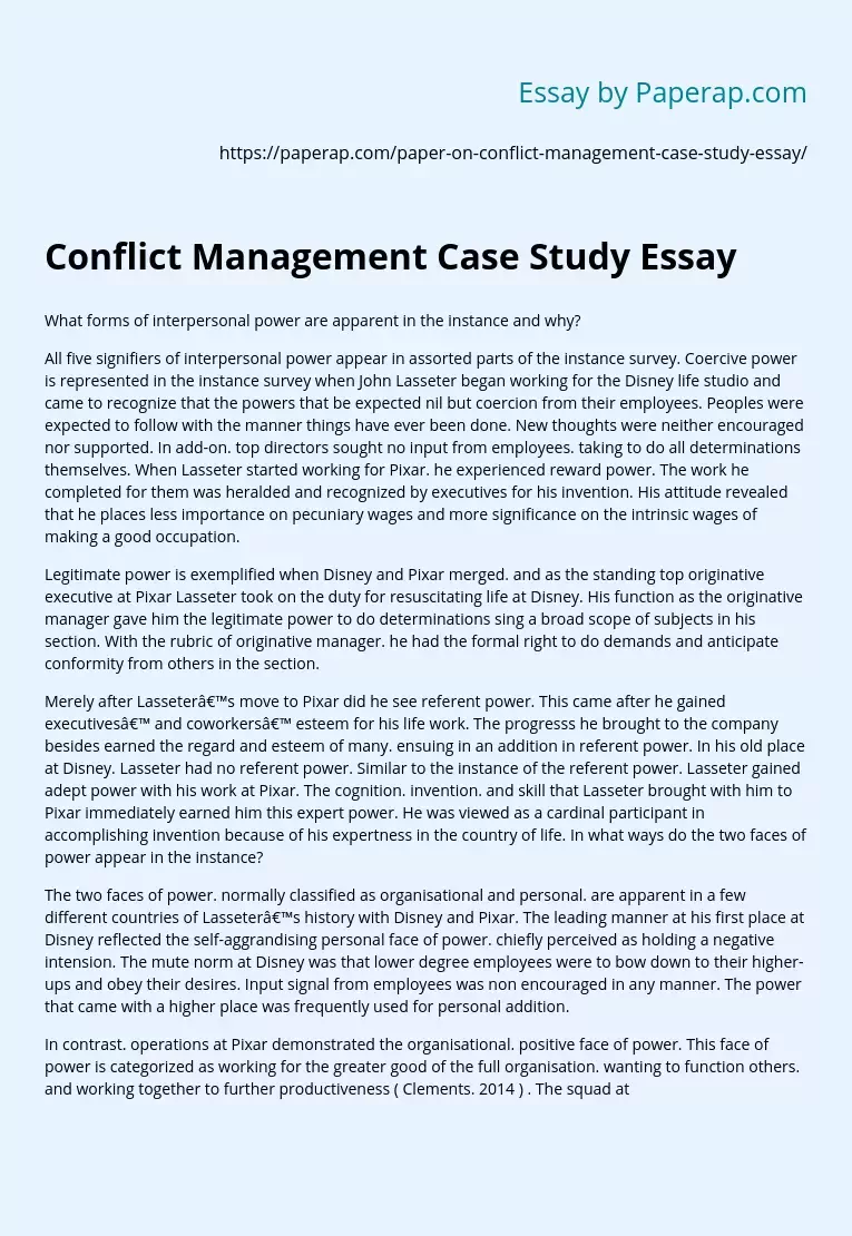 Conflict Management Case Study Essay