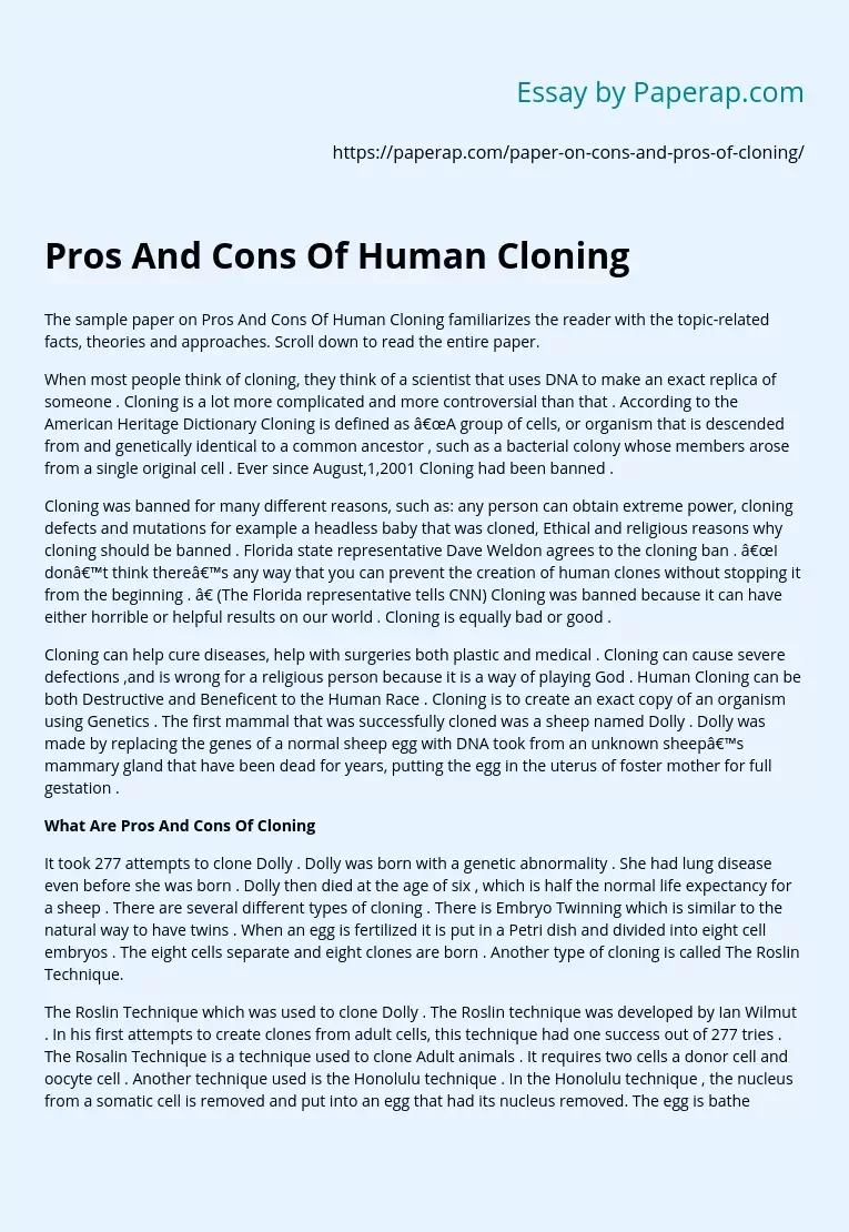 Pros And Cons Of Human Cloning Free Essay Example