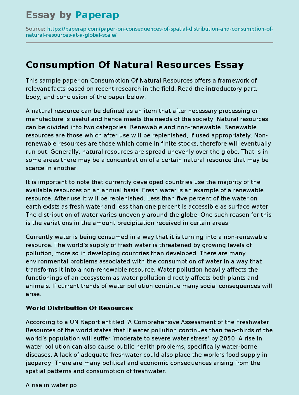 Consumption Of Natural Resources