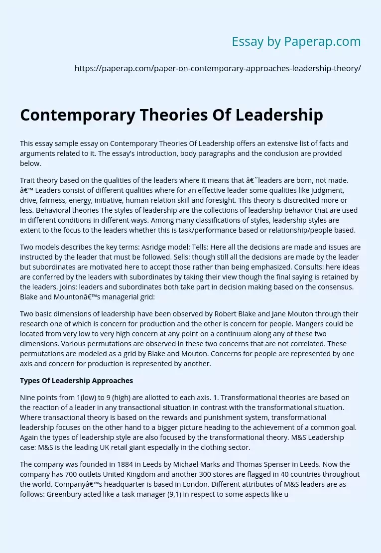 Contemporary Theories Of Leadership