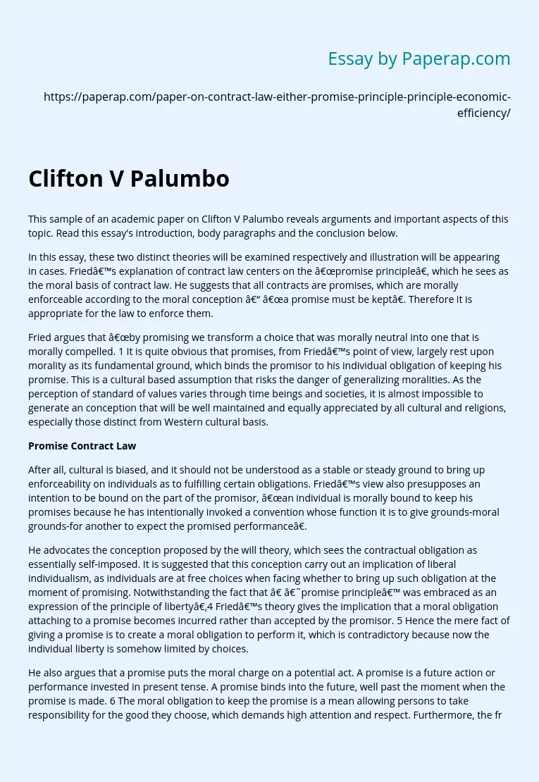 Clifton V Palumbo: promise principle of contract law