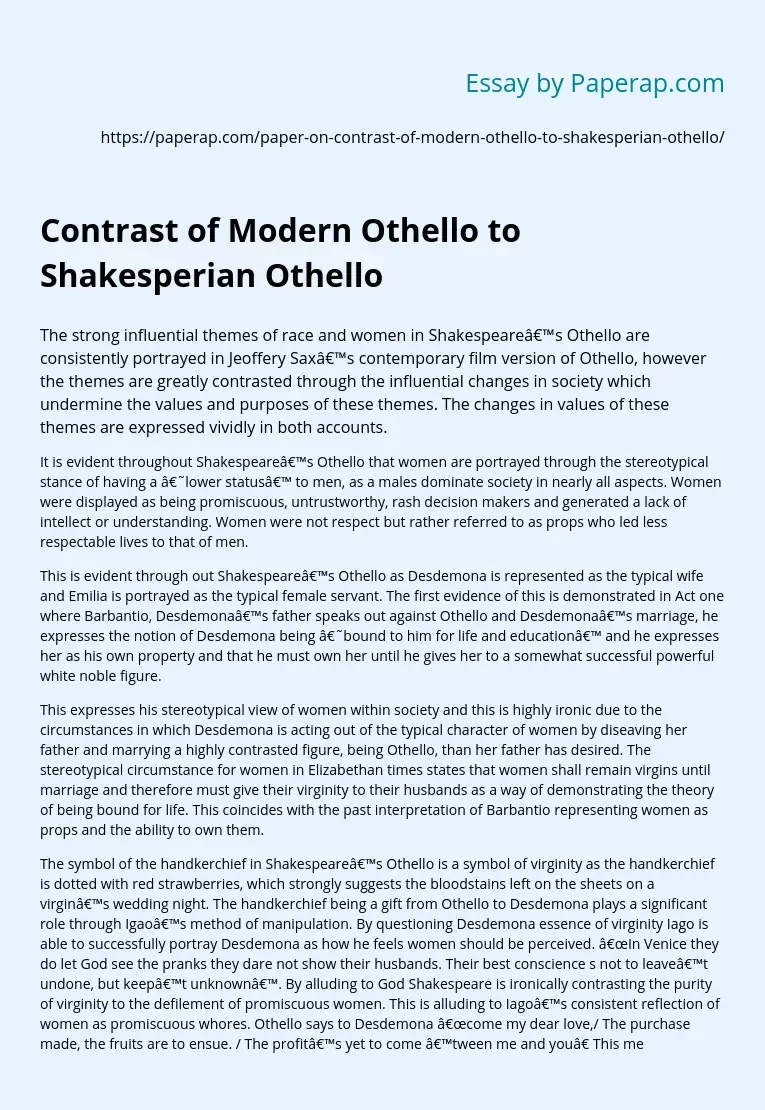 Contrast of Modern Othello to Shakesperian Othello