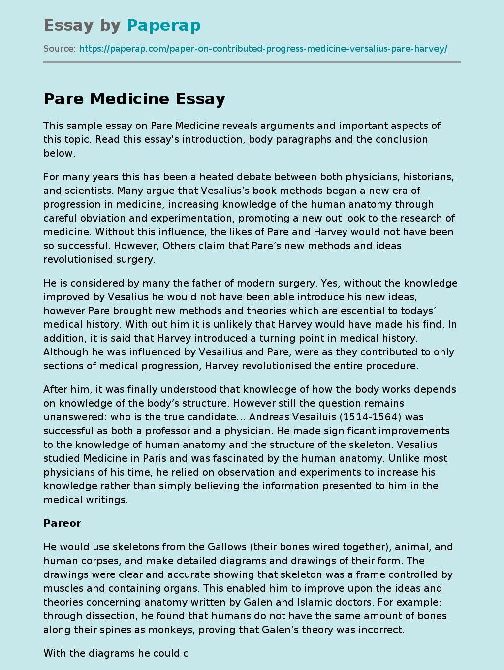 Pare Medicine Free Essay Example