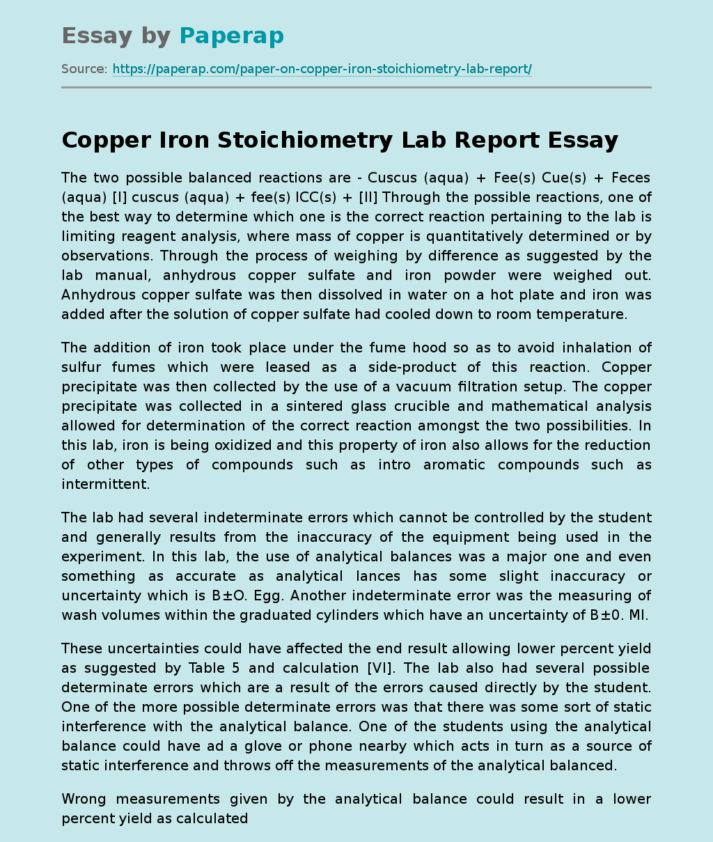 Copper Iron Stoichiometry Lab Report