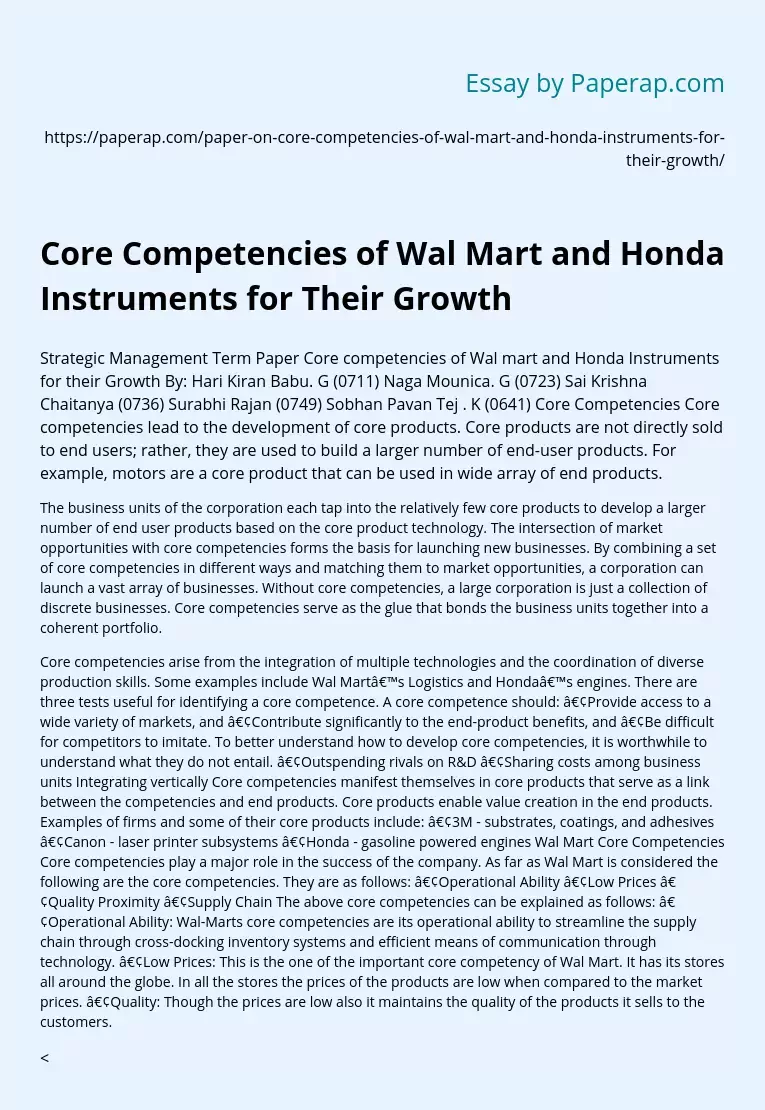 Core Competencies of Wal Mart and Honda Instruments for Their Growth