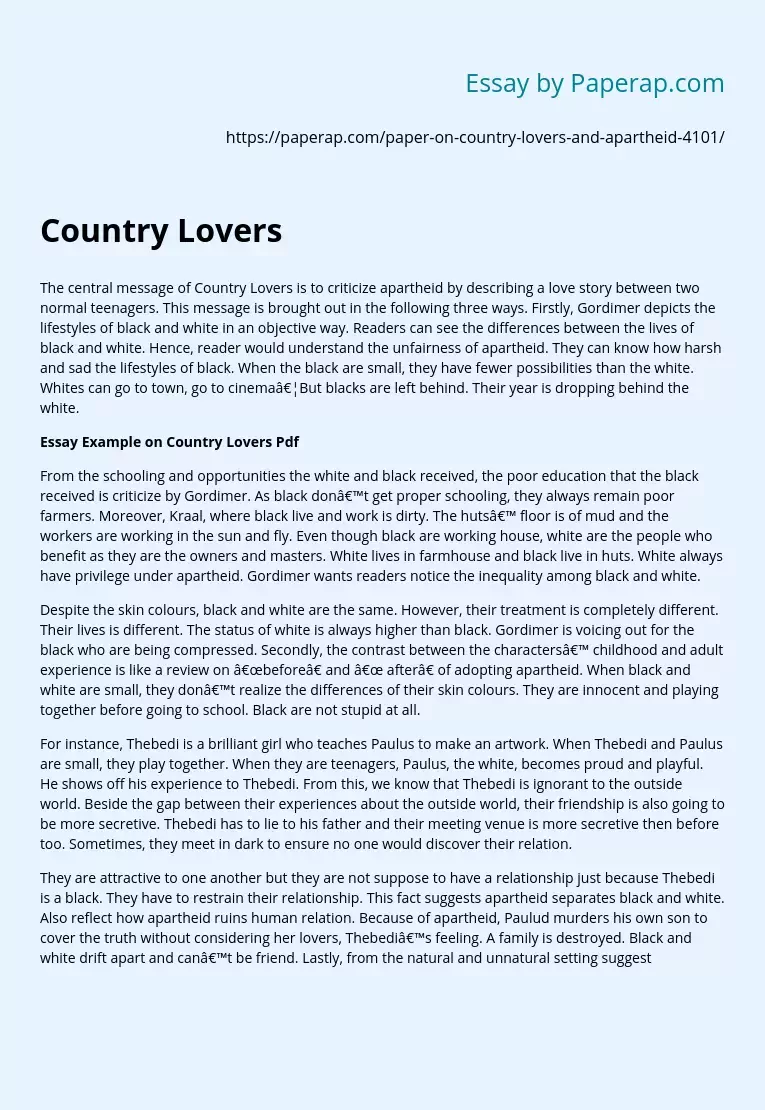 Country Lovers by Nadine Gordimer Analysis
