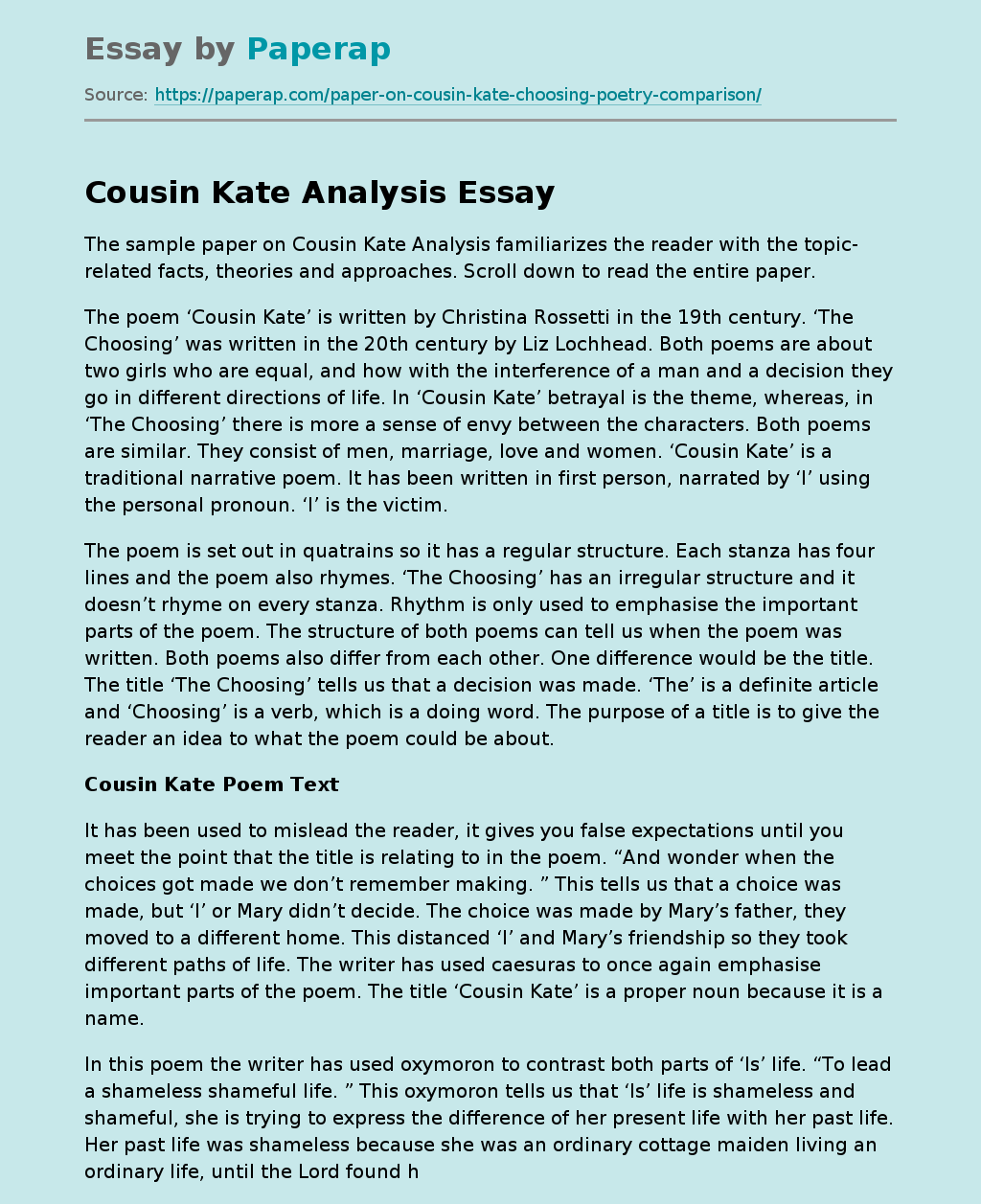 Cousin Kate Analysis