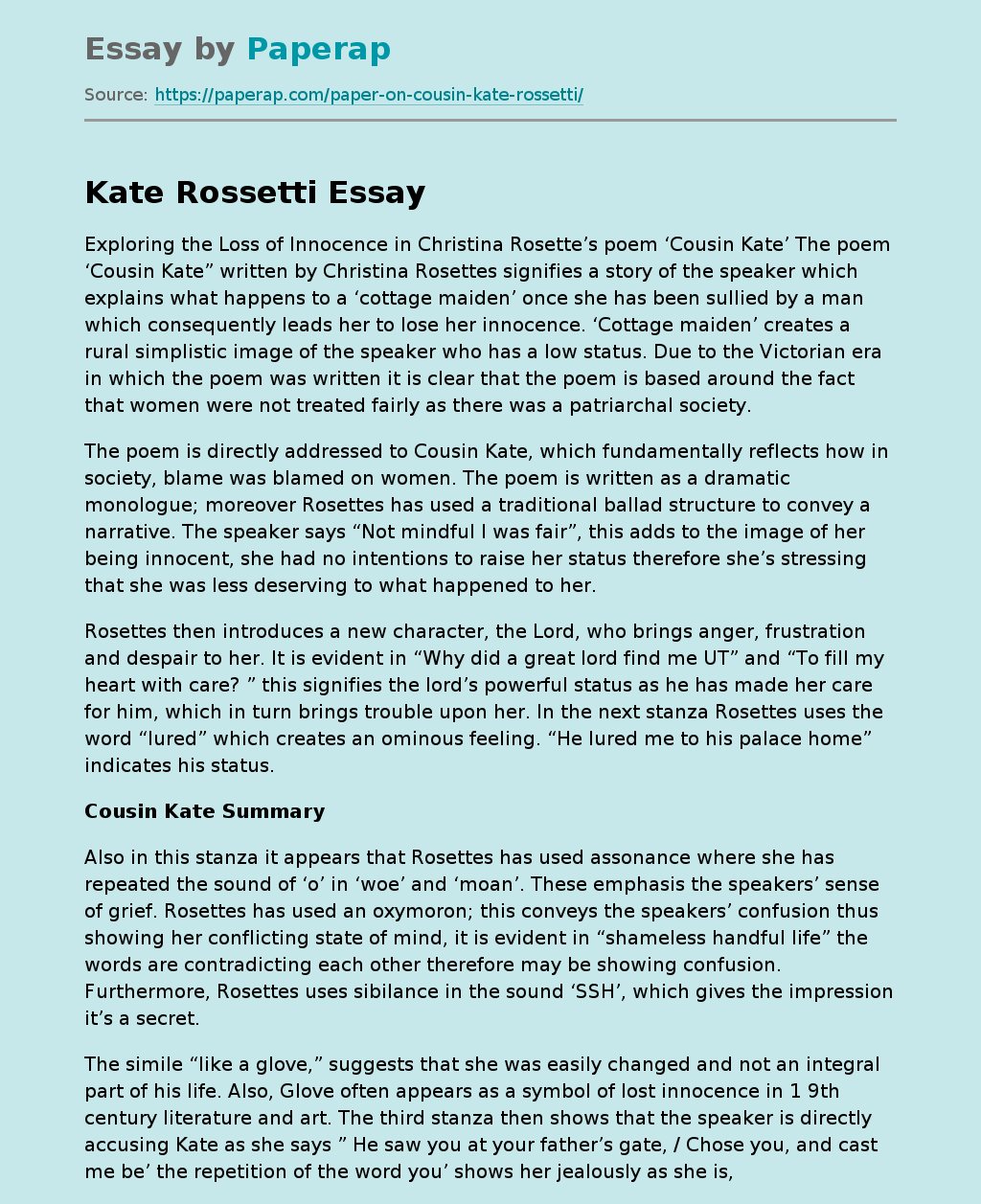 Exploration of the Loss of Innocence by Christina Rosette Cousin Kate