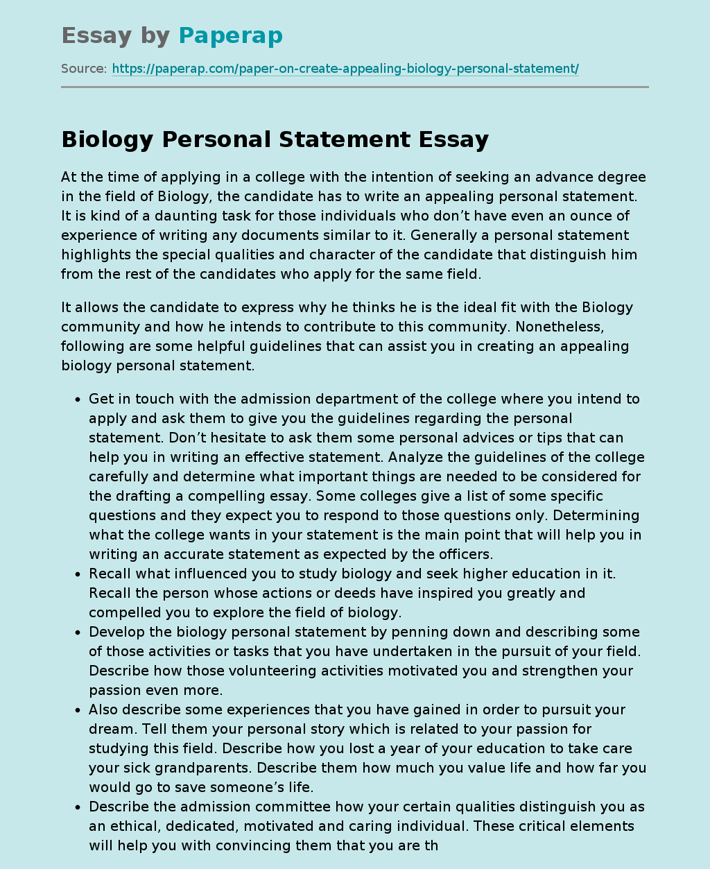 Biology Personal Statement Free Essay Example