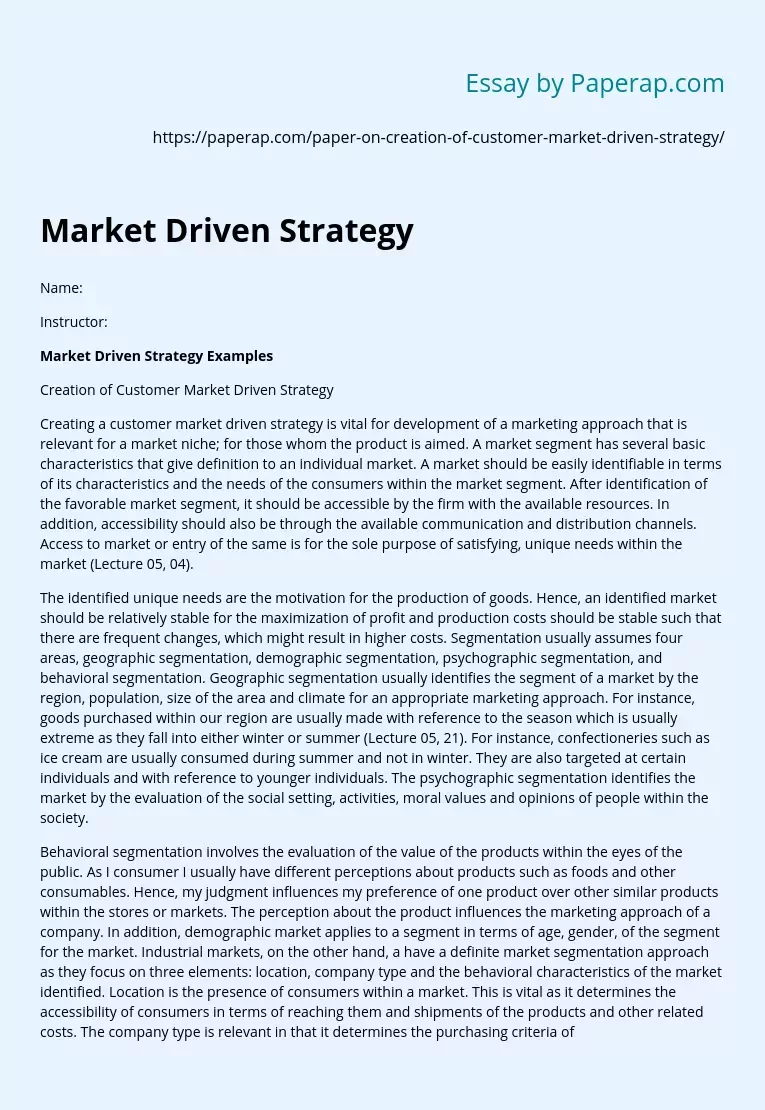 Creation of Customer Market Driven Strategy